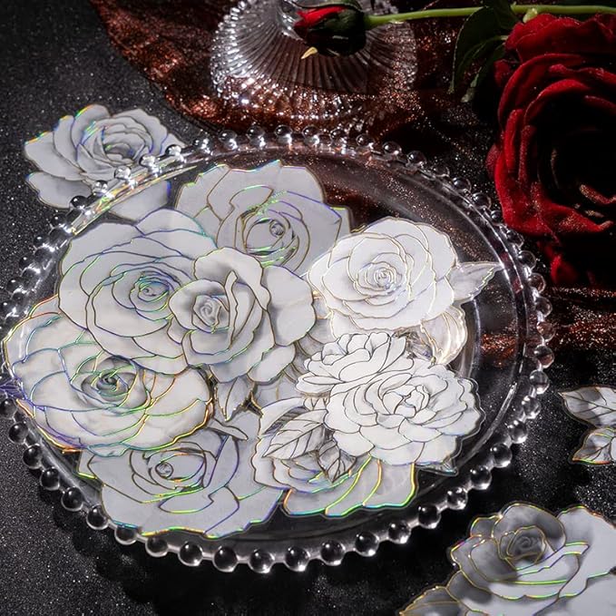 120pcs White Flower Scrapbook Stickers Pack, Vintage Roses Lilies Daisies
