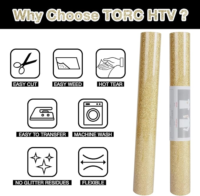 TORC Champagne Glitter HTV Heat Transfer Vinyl 2 Rolls Iron on Vinyl