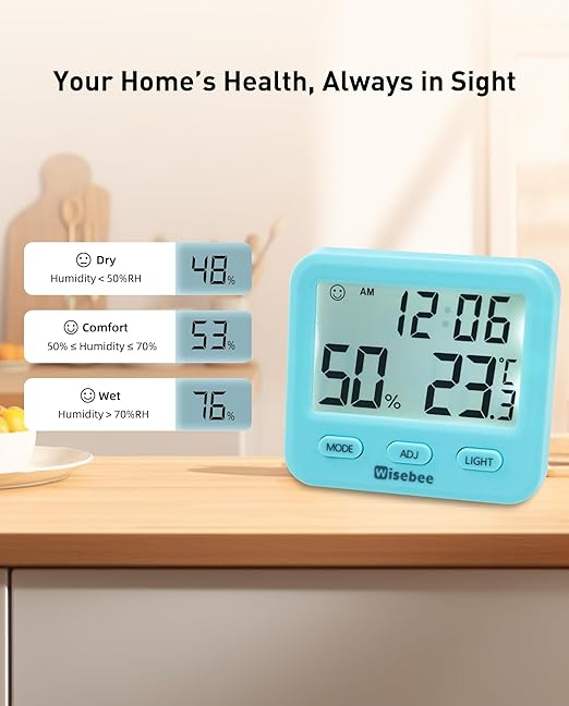 Wisebee Digital Indoor Hygrometer Thermometer, 2.9" Backlit Temperature Humidity Sensor Monitor for Baby Rooms, Home, Office, 1 Pack (Blue)