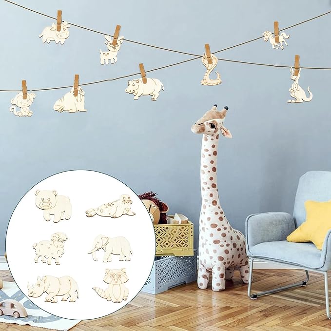 100 Pcs Unfinished Wooden Animal Cutouts Cute Blank Wood Slices