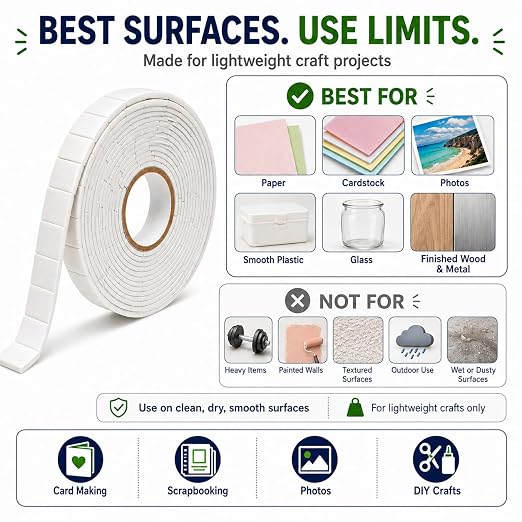 2 Rolls Pre-Cut Double Sided Foam Tape, 460 Large Craft Pads or Card Making