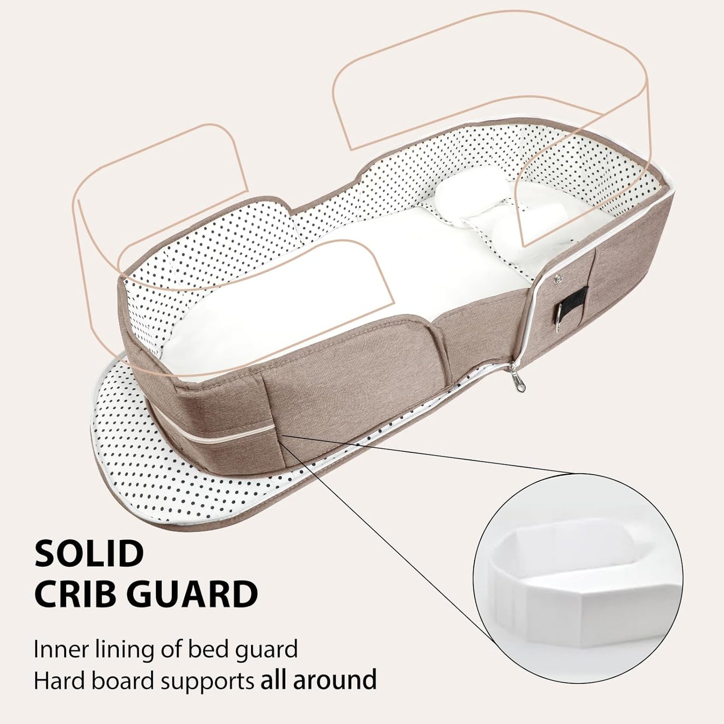 Portable Bassinet for Baby Travel Lounger Foldable Baby Co-Sleeping Bed with Mosquito net + Cool mat Carry Bag & Storage Pocket (Khaki)