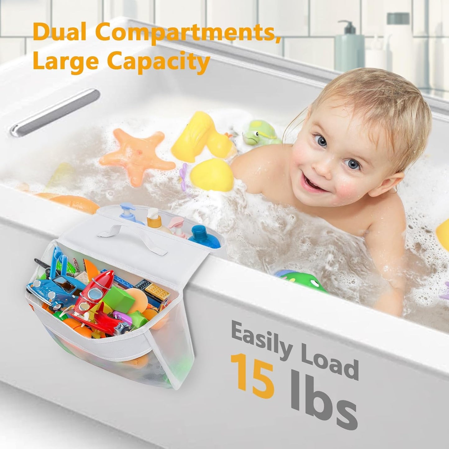 Bath Toy Organizer with 2 Pockets, Large Capacity Mesh Storage with Grip, Quick Dry, Perfect for Organizing Toys and Bath Essentials, Fits 6-Inch Tub Edges