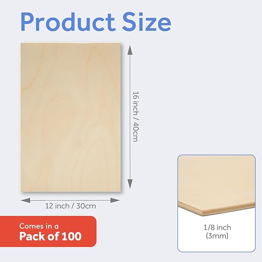 3 mm Baltic Birch Plywood 1/8 x 12 x 16 Inch, Box of 100 B/BB Grade Craft Wood