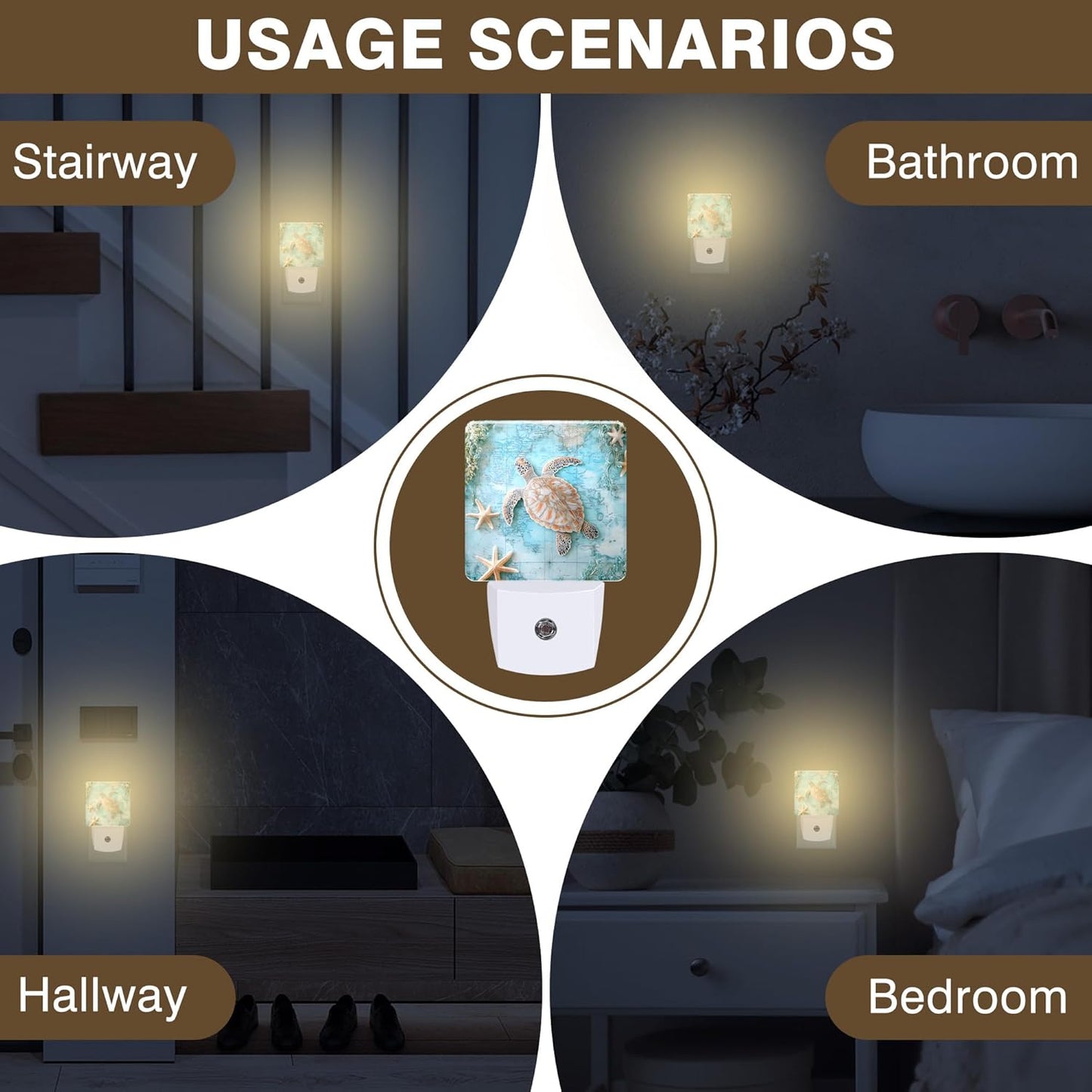 Vintage Ocean Turtle Night Light, World Map Plug-in Nightlight with Dusk to Dawn Auto Sensor for Home Bedroom Hallway Kitchen 0.5W Sleep Friendly Led Lamp for Women Men