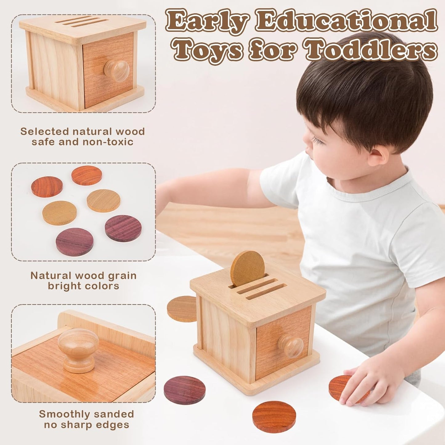 Adena Montessori Infant Toddlers Coin Box Montessori Toys for 6-12 Months Babies 1 Year 2 Year Old (Natrual Wood)