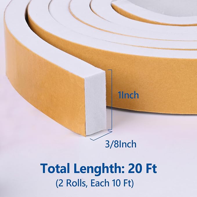 Self Adhesive Foam Tape Weatherstrip 1in x 3/8in x 20Ft High Density Foam