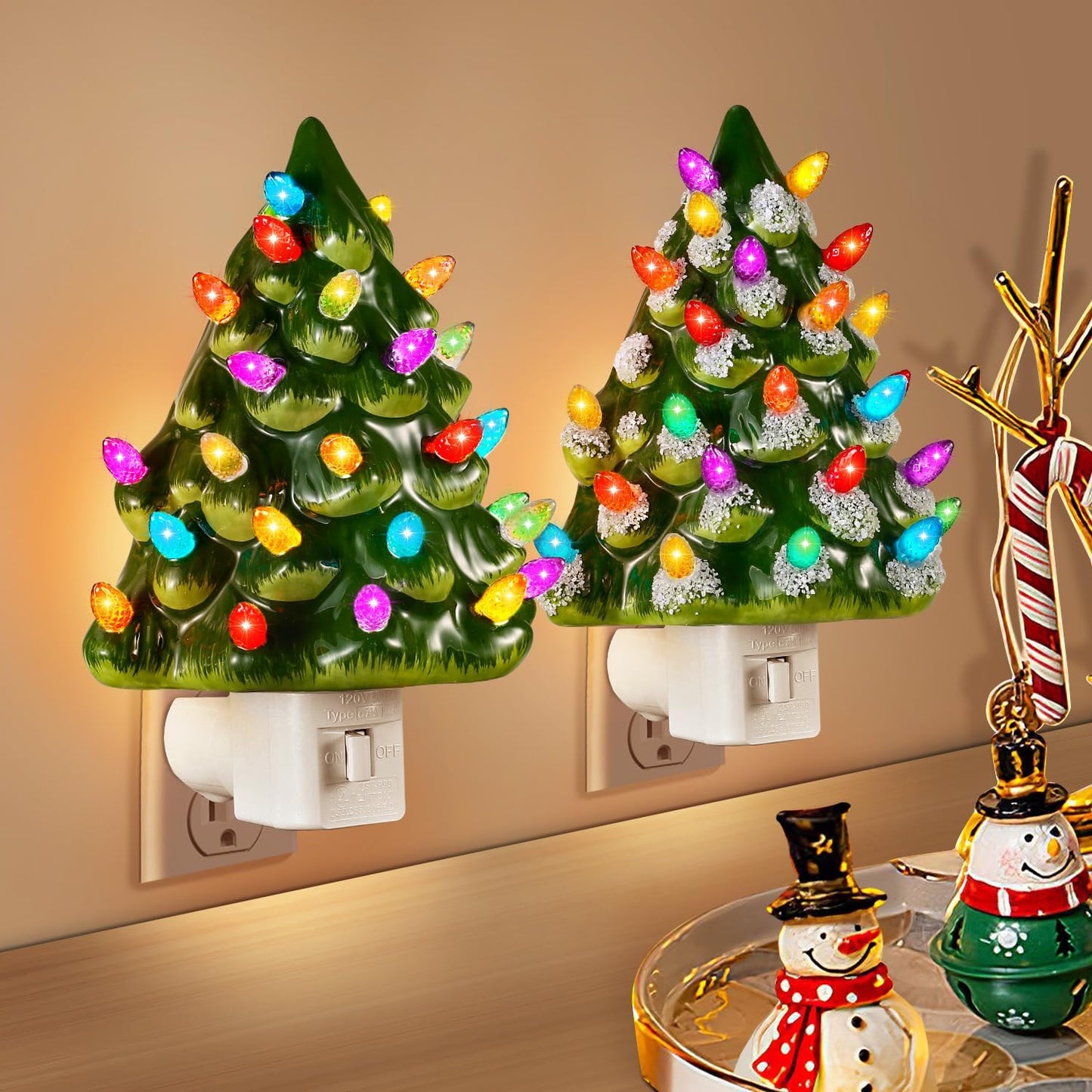 Tfro & Cile Ceramic Christmas Tree Night Light 2 Pack Xmas Decorative Tree Lamp Small Vintage Light Up Bathroom Decor with On/Off Switch for Home Bedroom