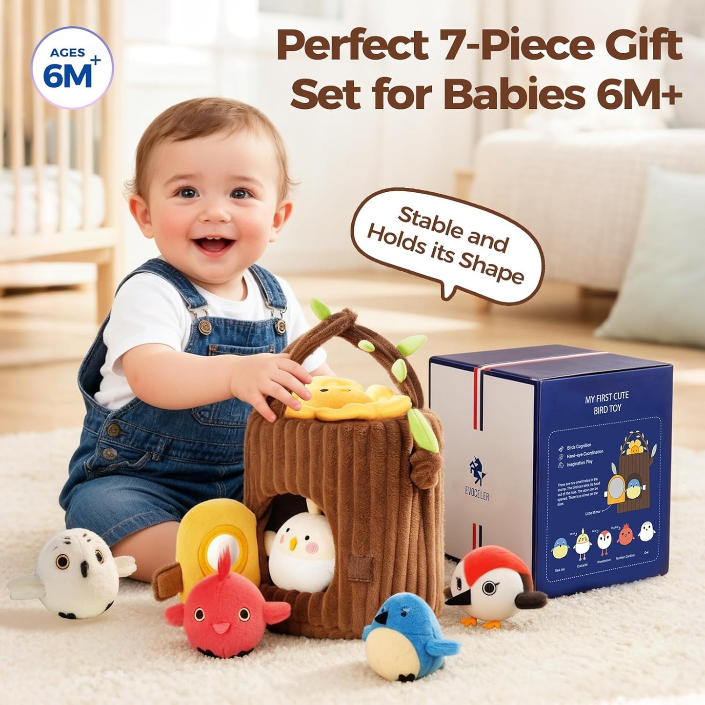 Evoceler Surprise Tree Stump with Birds, Rattle, Crinkle Paper,Squeaker & Mirror | Soft Montessori Toys for 6 Month Old Babies | Sensory Toddlers 1-3, 1 Year Old Boy Girl Gifts, Baby Toys 6-12 Months