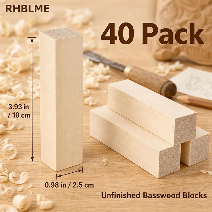 RHBLME 40 PCS Basswood Carving Blocks, Wooden Cubes Soft Solid Wooden Basswood