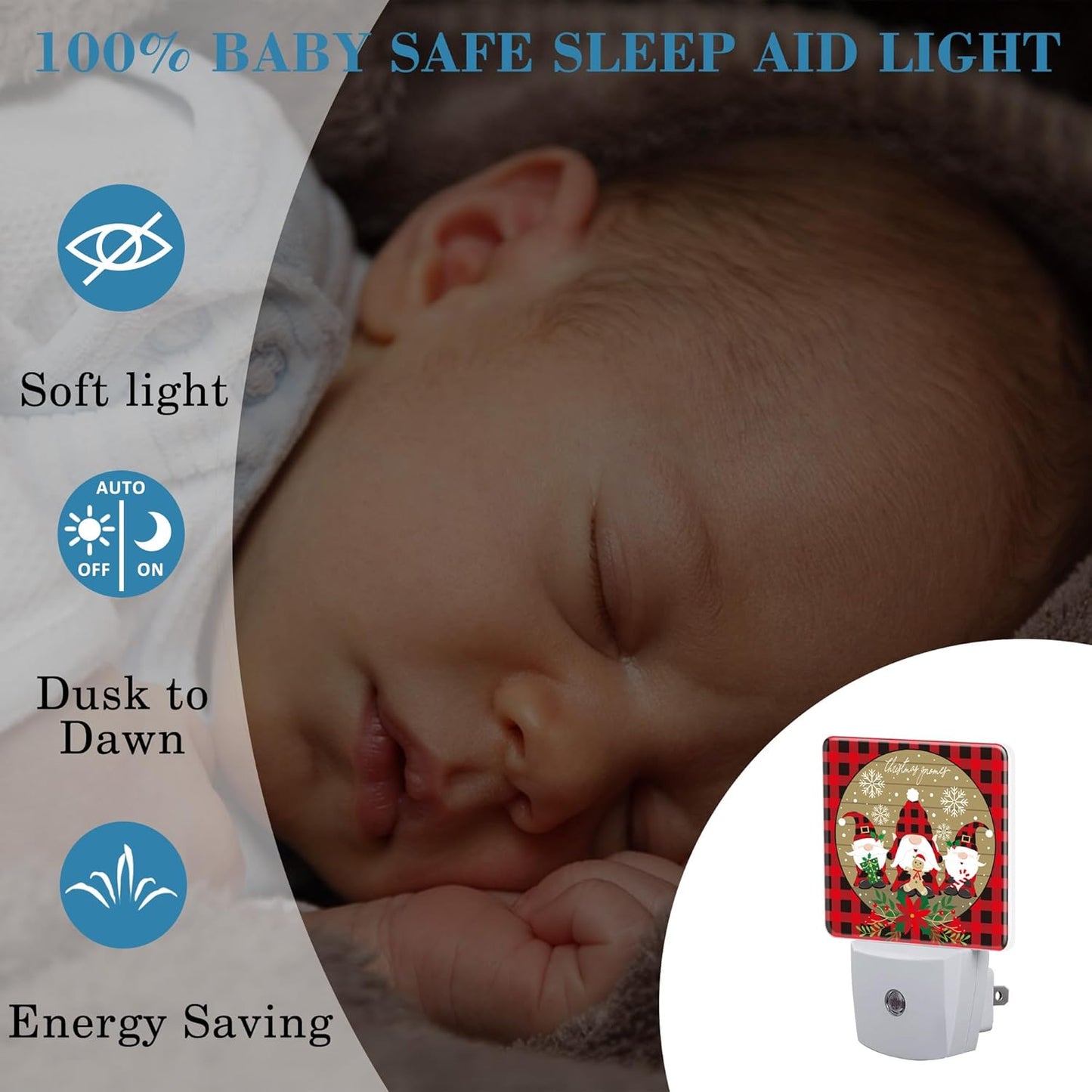 Christmas Gnome Red Black Plaid Night Light for Kids, LED Night Light Plug into Wall with Dusk to Dawn Sensor for Girls Boys Women Men Room Decor, Hallway, Kitchen, Bathroom, Nursery, Stairs