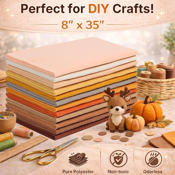 Large Stiff Felt Sheets 8"x35" – 12 Assorted Colors Felt Fabric Bundle Pack
