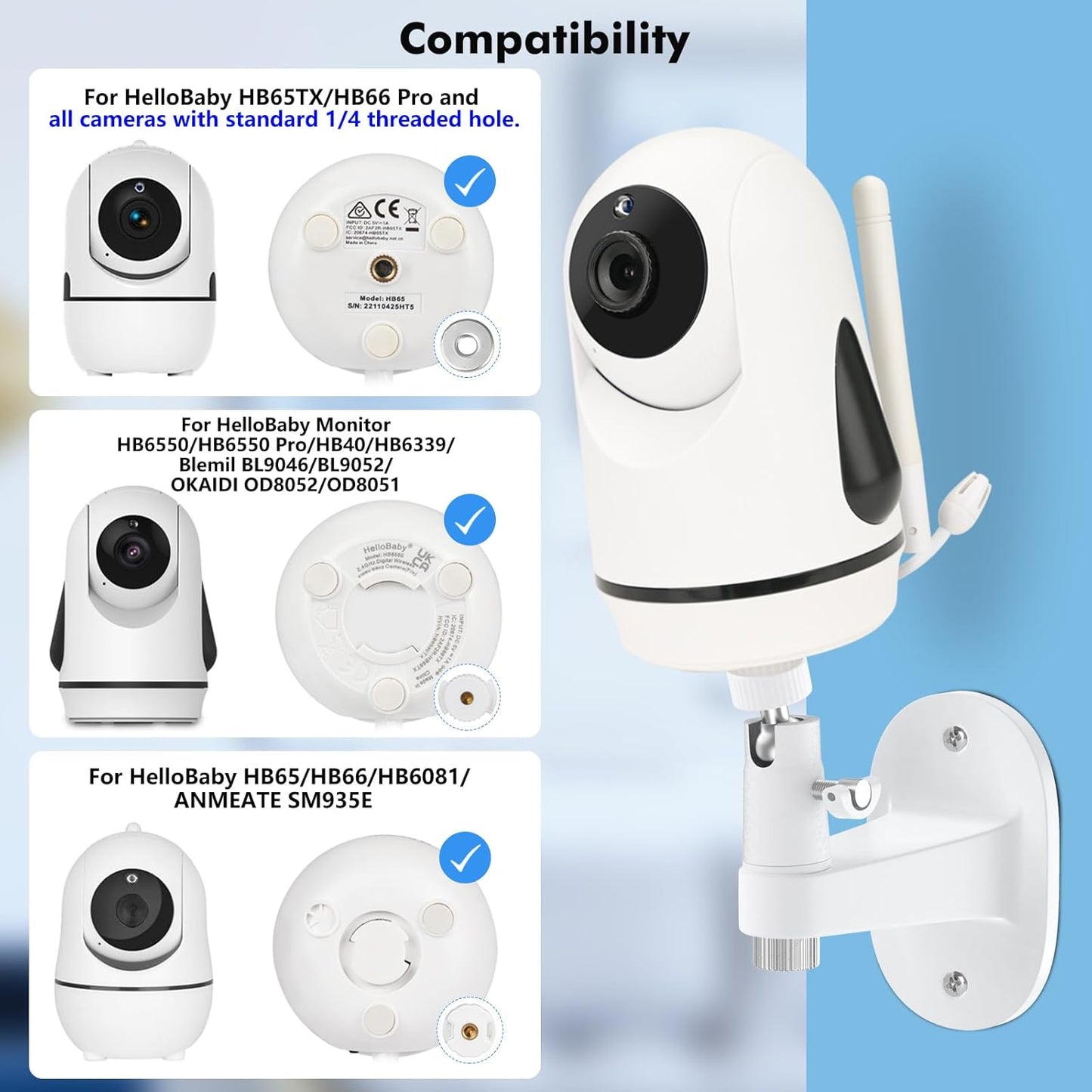 Baby Monitor Mount for HelloBaby HB65/HB40/HB6550/HB66/HB6339/HB6550 Pro, ANMEATE SM935E, 360° Adjustable Baby Camera Wall Mount for Hellobaby Monitor, Two Ways to Install