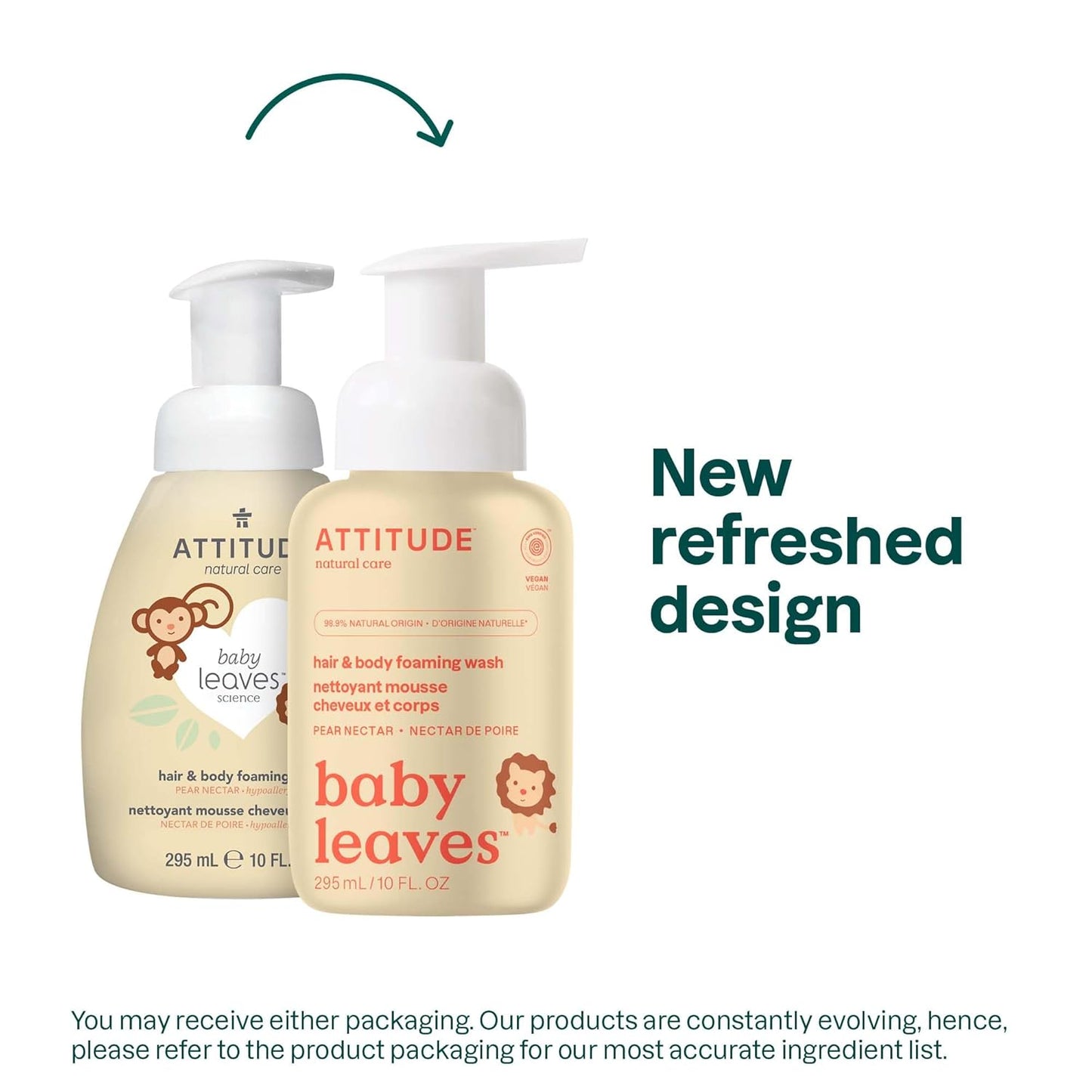 ATTITUDE 2-in-1 Hair and Body Foaming Baby Wash, EWG Verified Shampoo Soap, Dermatologically Tested, Made with Naturally Derived Ingredients, Vegan, Pear Nectar, 10 Fl Oz
