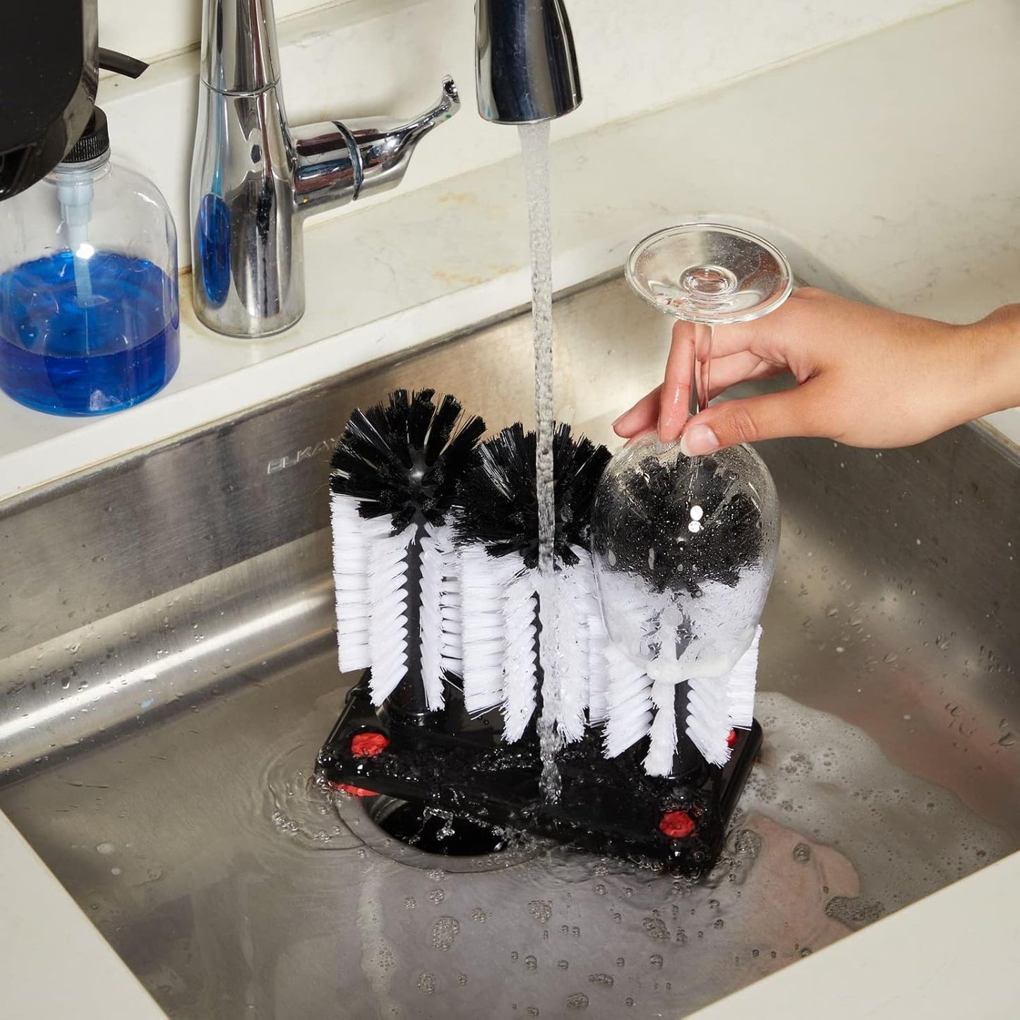 Stockroom Plus Glass Washer for Bar Sink - Bar Glass Cleaner with Stable Suction Cup Base - Three-Head Bottle Brush for Deep Clean - Detachable Cup Brush Cleaner Heads with Drain Hole - White & Black