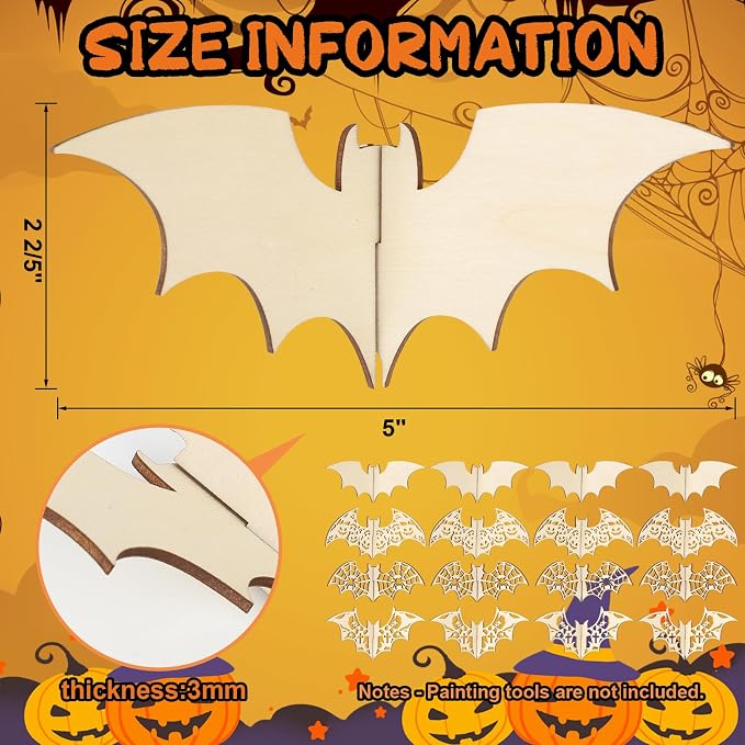 COCHIE DIY 3D Halloween Bats Wood Crafts to Paint, Paintable Unfinished Wooden