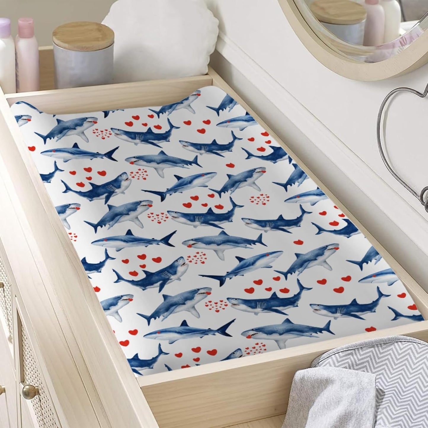 Sea Shark Love Changing Pad Cover Marine Ocean Animal Shark Hearts Baby Nursery Diaper Changing Pad Sheets for Boys Girls Soft Stretch Fitted Changing Table Mat Cover 32''x16''