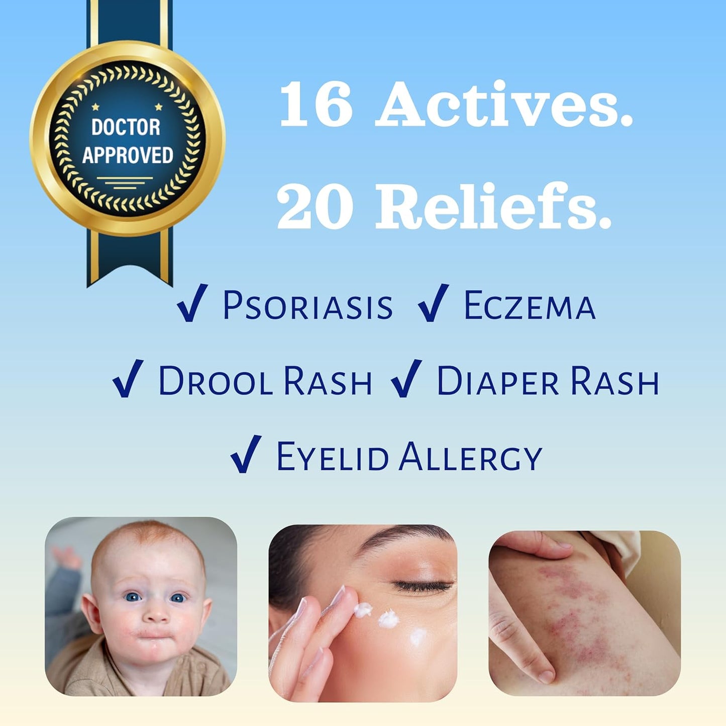Natural SKIN REPAIR. Clinically tested Aromatherapy. Powerful Essential Oil. Eczema, Dermatitis, Diaper rash, and Sensitive skin. For all skin types. Hypoallergenic, Vegan, Paraben Free. 50ml bottle