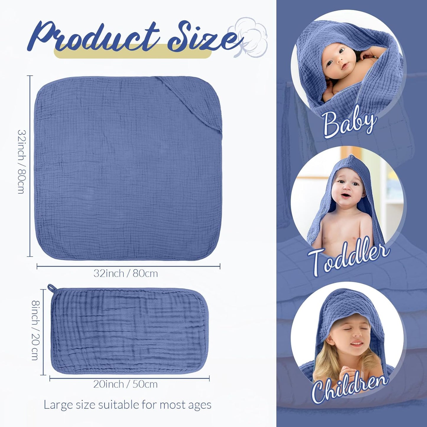 VitalCozy 8 Pcs Baby Muslin Hooded Bath Towels and Washcloths, 32 x 32 Inch Muslin Cotton Hooded Baby Towels Absorbent Blankets for Gift Newborn Infant Shower (Calming Color)