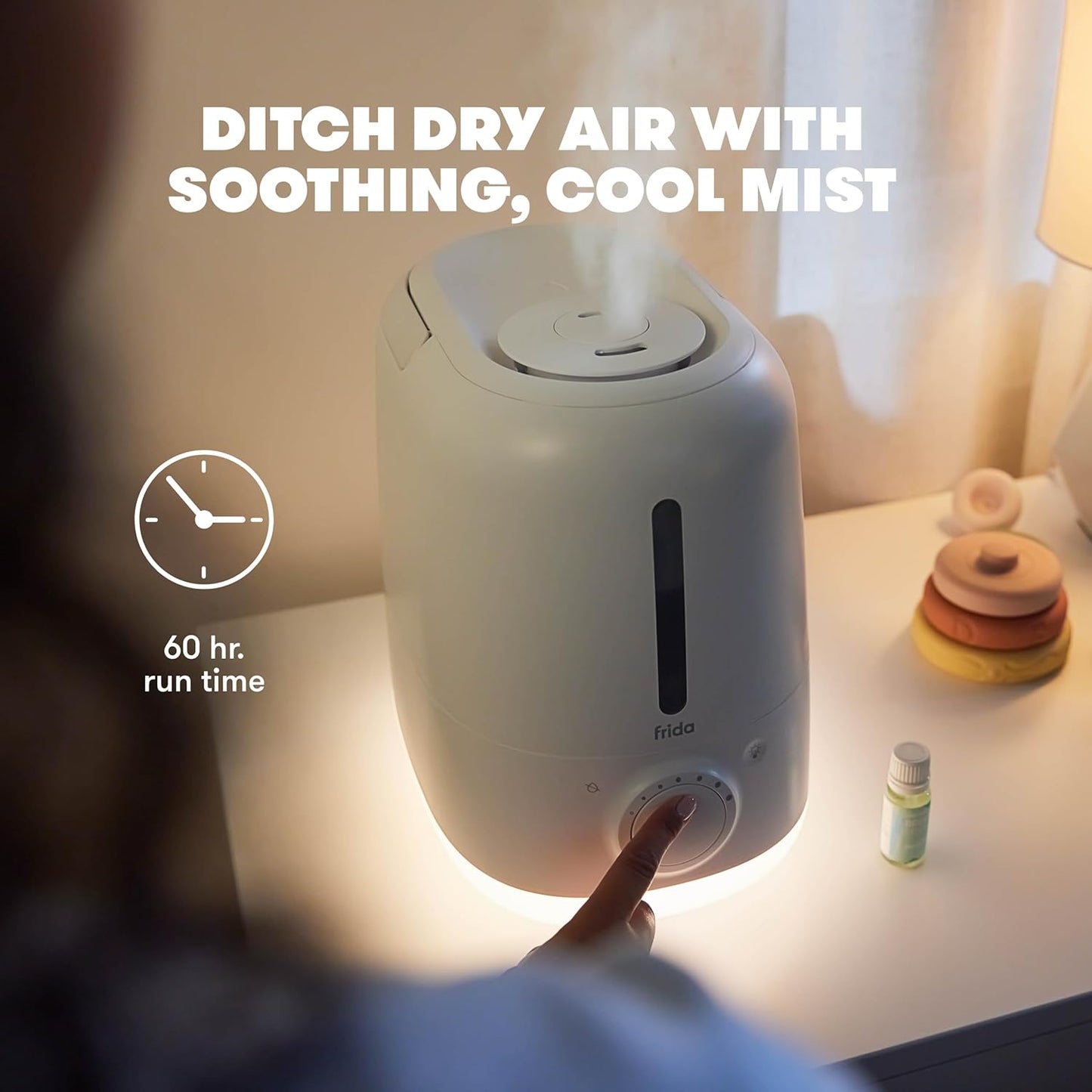 Frida Baby 3-in-1 XL Top Fill Humidifier for Bedroom, Cold & Flu Relief, 6L Tank Cool Mist Humidifier + Diffuser for Large Rooms, Mold Resistant, Nightlight, Auto-Off, Quiet, Essential Oil Diffuser
