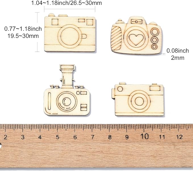 200 pcs Mixed Styles Camera Theme Unfinished Wooden Cutout Charms Travel