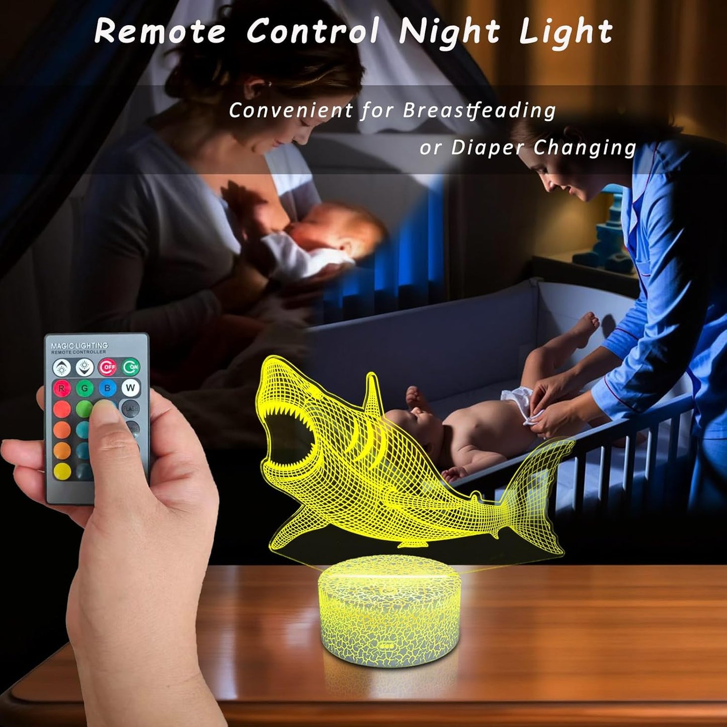 Megalodon Night Light, Nursery Night Lamp for Kids, 16 Color Changing with Dimmable Remote Control, Toy Shark Gifts for Girls Boys Teen Kids Family, Bedroom Shark Theme Decortive