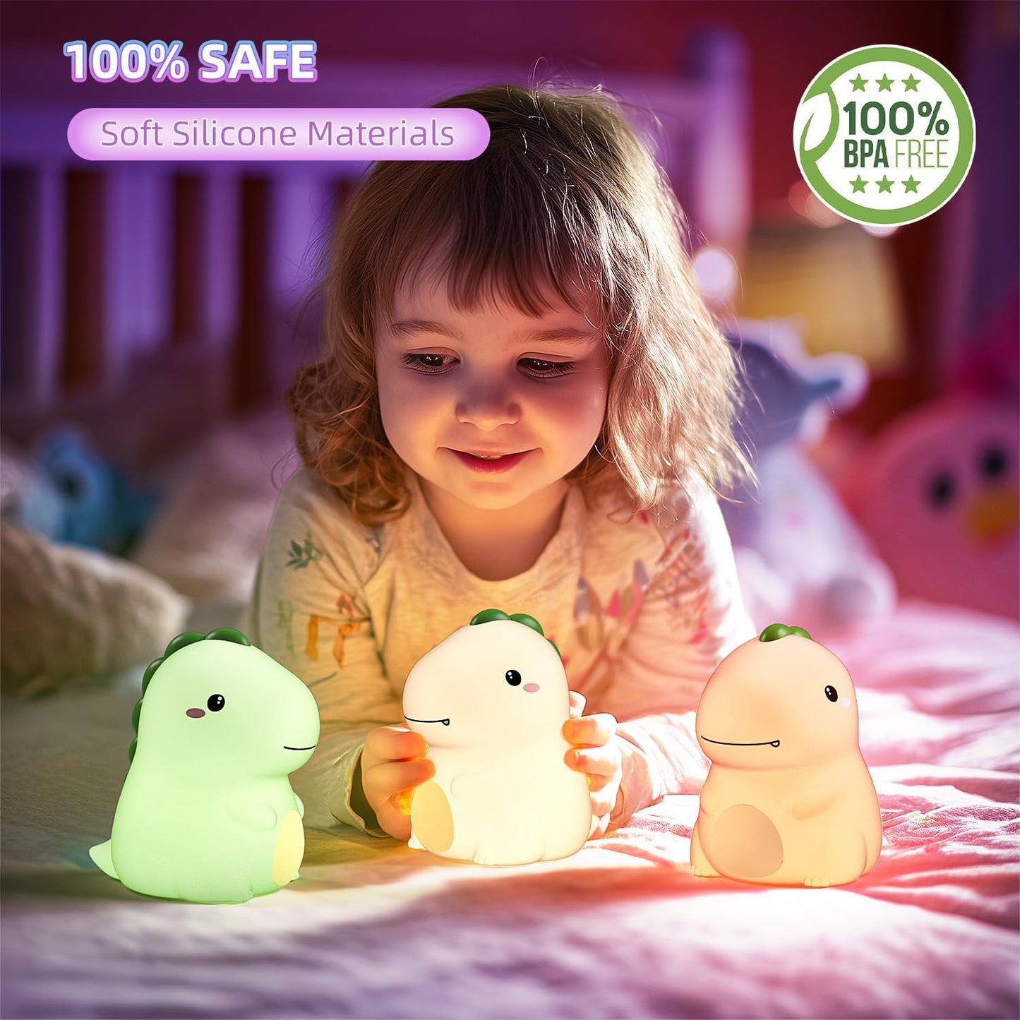 Dinosaur Night Light for Boys, Dino Lamp Silicone Light, 16 Color Nightlight, Rechargeable Battery Powered, 30Min Timer Off, Ideal Gifts for Kids,Toddler,Baby