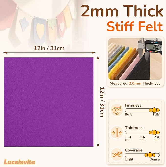 2mm Stiff Felt Sheets 12" X 12" | Thick Polyester Felt Material, DIY Craft