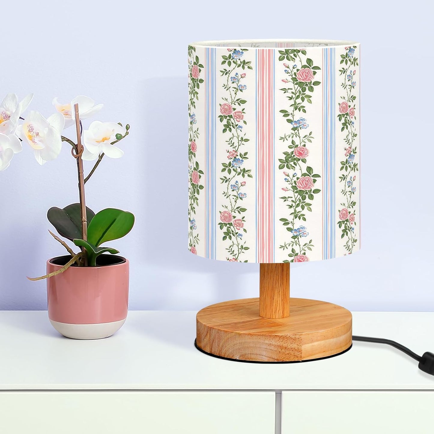 VIHOSE Preppy Kids Table Lamp for Bedroom Kids Bedside Lamp with Linen Wooden Nightstand Cartoon Nursery Lampshade for Girls Boys Living Room