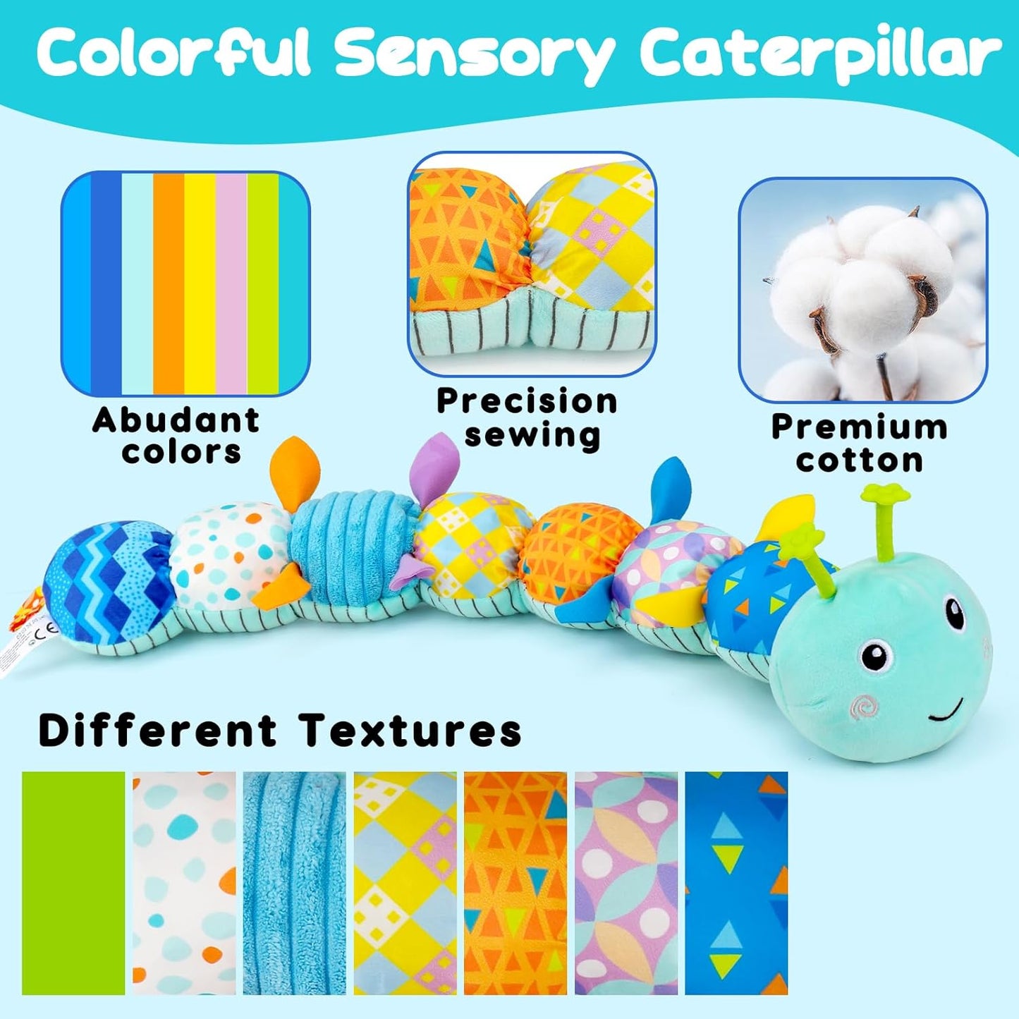 Baby Tummy Time Toys 0-6 Month Musical Stuffed Animal Plush Caterpillar Toy for Infant 6-12 Month Teething Sensory Toy with Crinkle Rattle for Babies 0-3-6 Month Newborn Boy Girl
