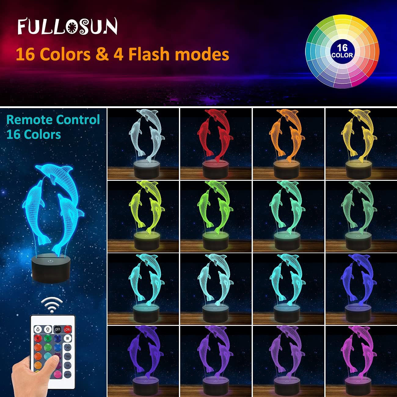 Night Light for Kids Ocean Dolphin 3D Night Light Porpoise Bedside Lamp with Remote Control 16 Color Changing Xmas Halloween Birthday Gift for Child Baby Girl