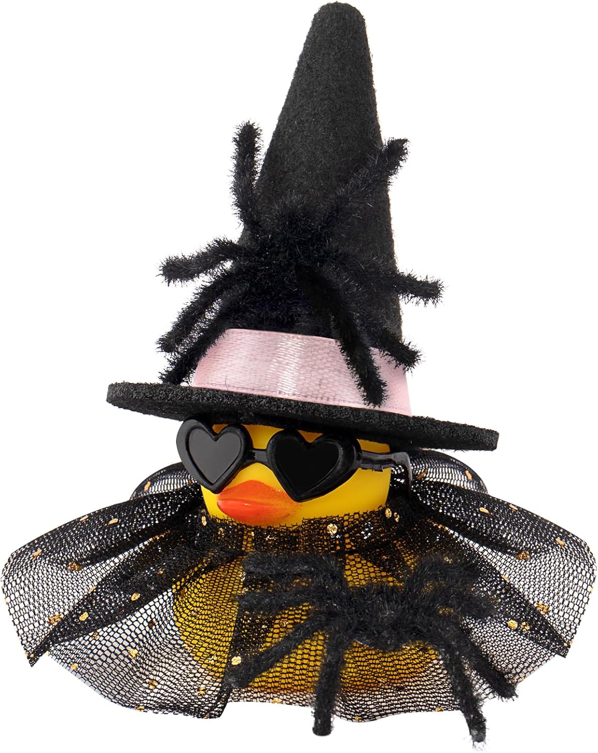 wonuu Car Dashboard Spider Witch Rubber Ducks for Halloween, Decorations Duck for Office Desk Ornament Accessories with Hat Glasses Skirt, for Halloween Party Gifts (Gold Point Skirt Pink)
