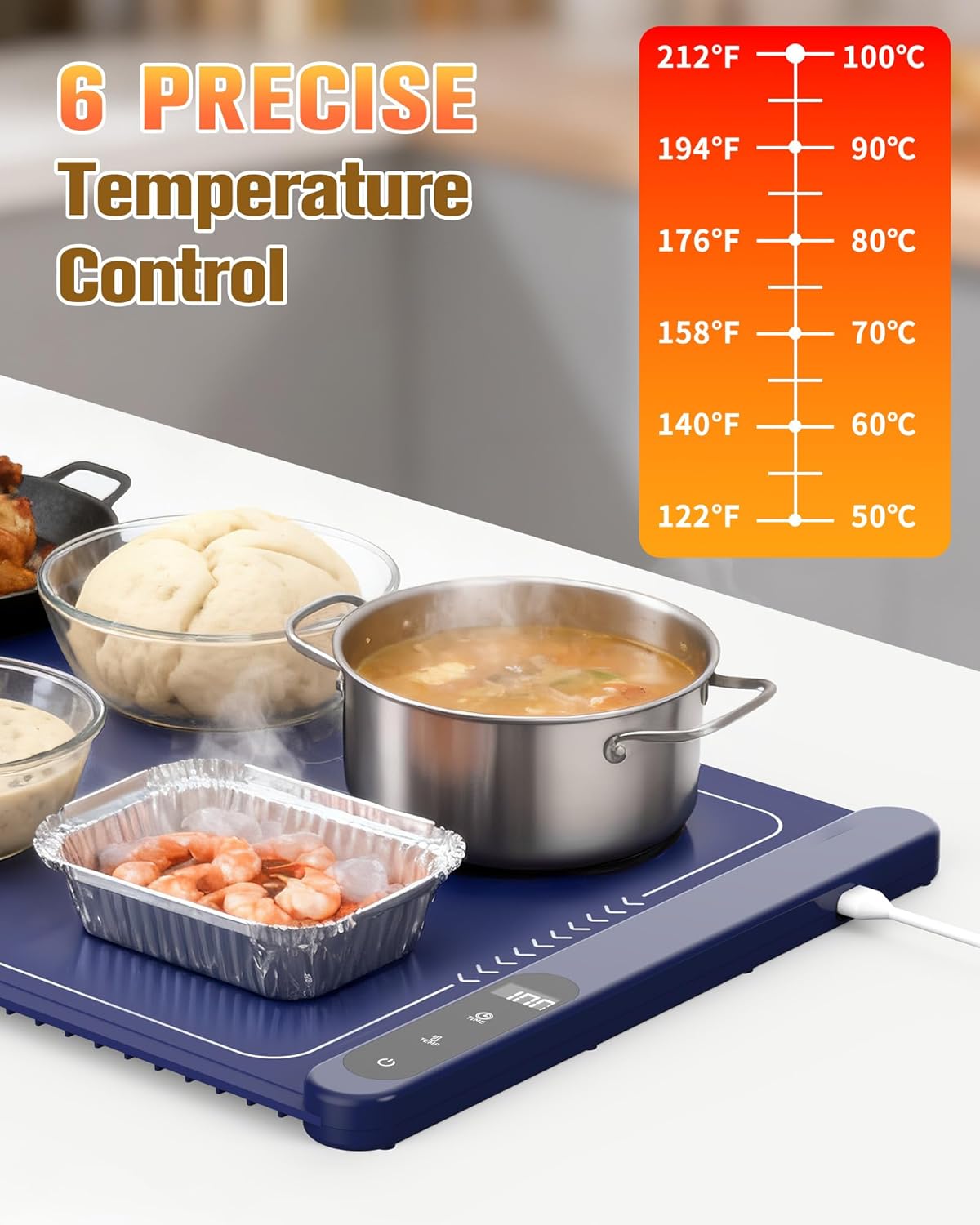 Potahouse® Warming Mat for Food, Graphene Full-Surface Fast Heating, Electric Warming Tray with 6 Temp & Timer Settings, Rollable & Portable Silicone Food Warmer for Parties, Home and Travel, Blue