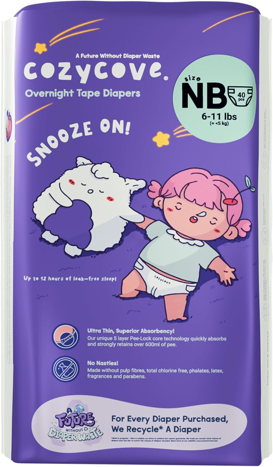 Cozycove Newborn Diapers, Snooze On Slim Overnight Tape Diapers, Size Newborn (6-11 lbs), 1 Pack of 40 Count