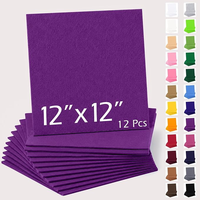 12" x 12" Felt Sheets for Crafts, 2mm Stiff Felt Fabric, Polyester Felt Squares