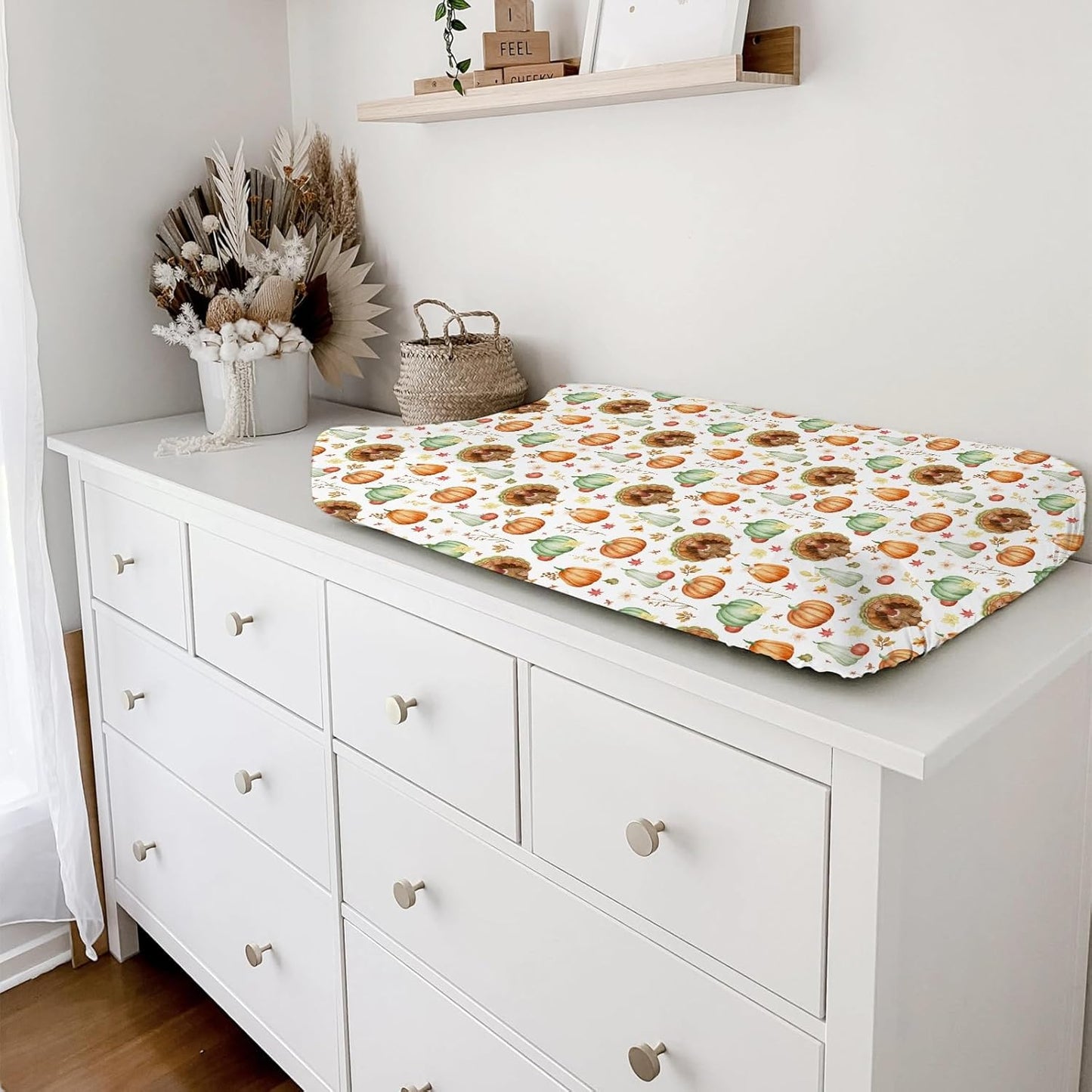 Thanksgiving Turkey Pumpkins Baby Changing Pad Covers for Boy Girl 32''x16'' Fall Turkey Maple Leaves Autumn Floral Fitted Change Table Mats Soft Breathable Nursery Diaper Changing Table Sheets