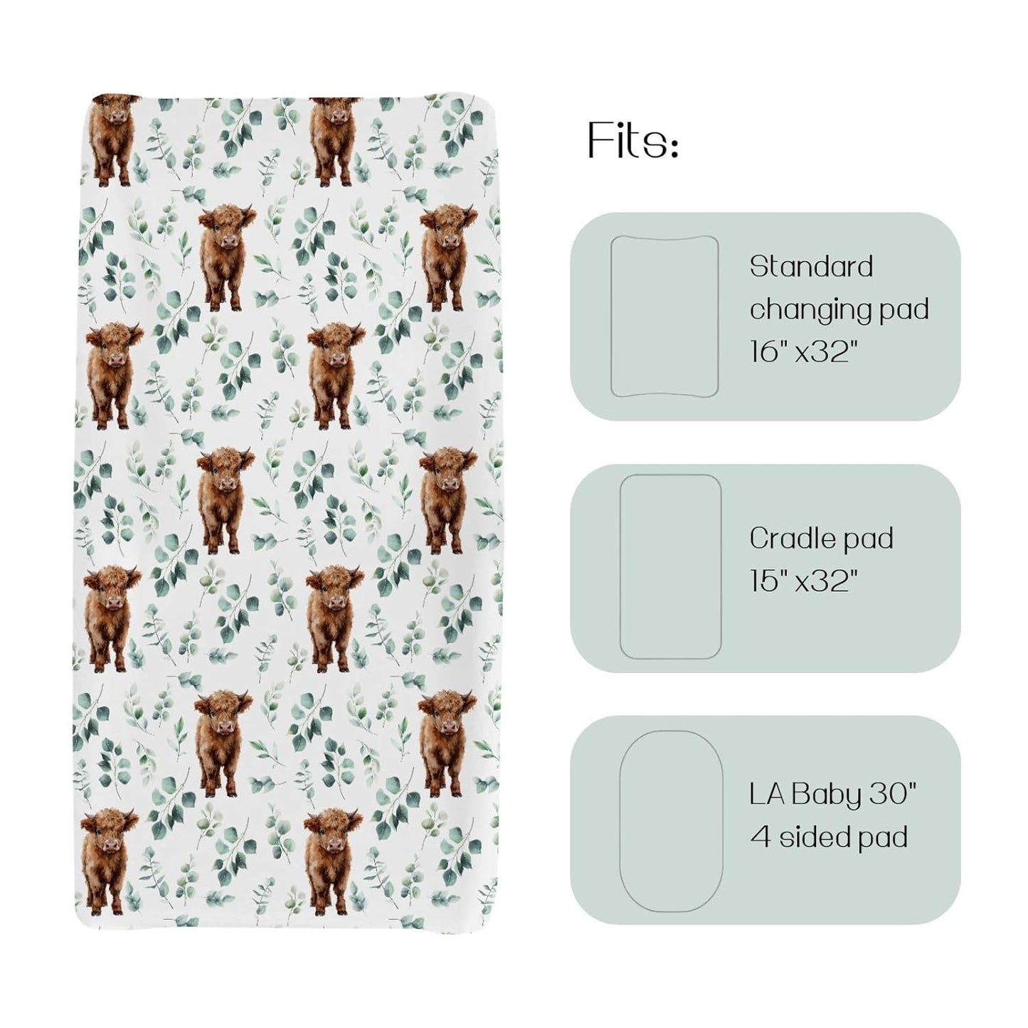 HawSkgFub Highland Cow Eucalyptus Leaf Changing Pad Cover for Baby Girl Boy, Natural Western Farm Animal Diaper Change Table Covers, Soft Stretchy Safe Snug Fitted Changing Mat Sheet Fit 32"/34" x 16"