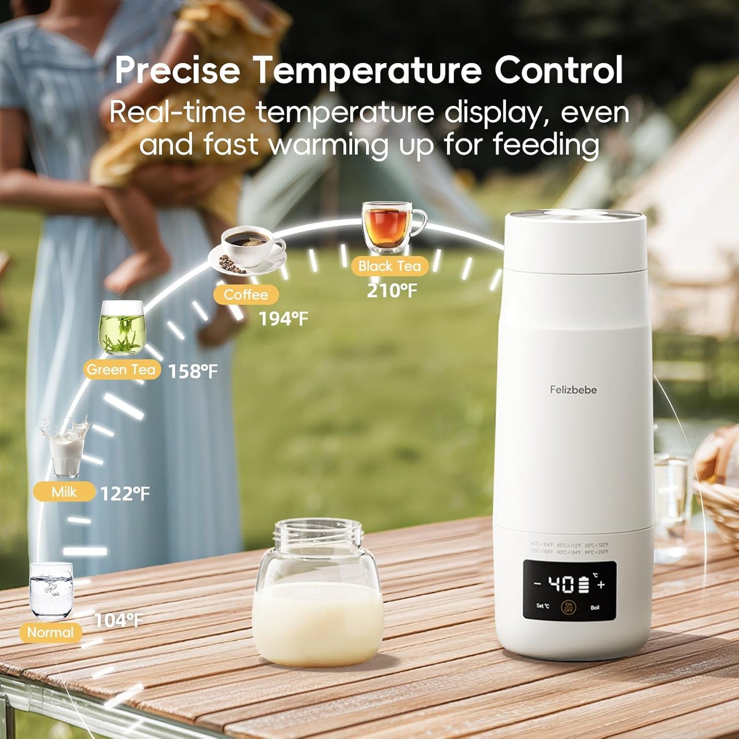 Portable Milk Warmer for Travel, Detachable Bottle Warmer for Breastmilk Formula Water, Boiling Function & Fast Heating, Rechargeable, Healthy for Baby on Journey, Car, Airplane