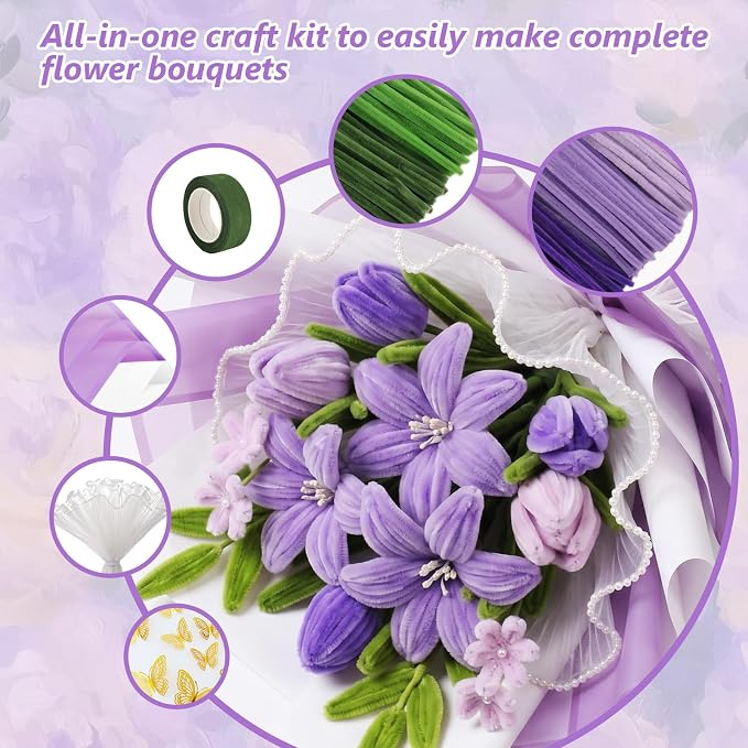 Cwczhi 600 PCS Pipe Cleaners Craft, 9 Colors Purple Pipe Cleaner Flower Kit |
