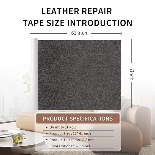 Leather Repair Patch Tape, Dark Brown 17 x 61 Inches Self Adhesive Leather