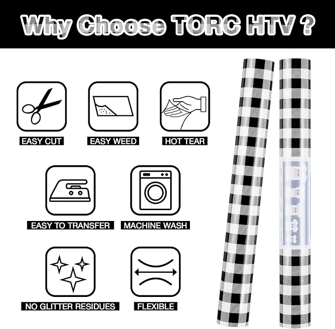 TORC Black White Buffalo Plaid HTV Vinyl 12 inch x 5 ft, Check Heat Transfer