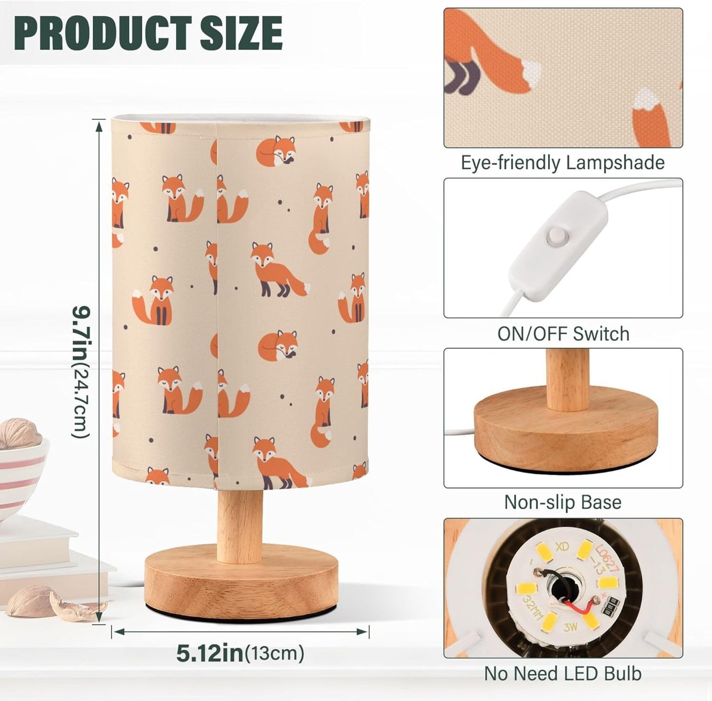 Table Lamp Cute Cartoon Fox with Dot Pattern on Beige Nightstand Lamp with Wood Base Fabric Lamp Shade Bedside Desk Lamp for Living Room Bedroom Kids Room Office