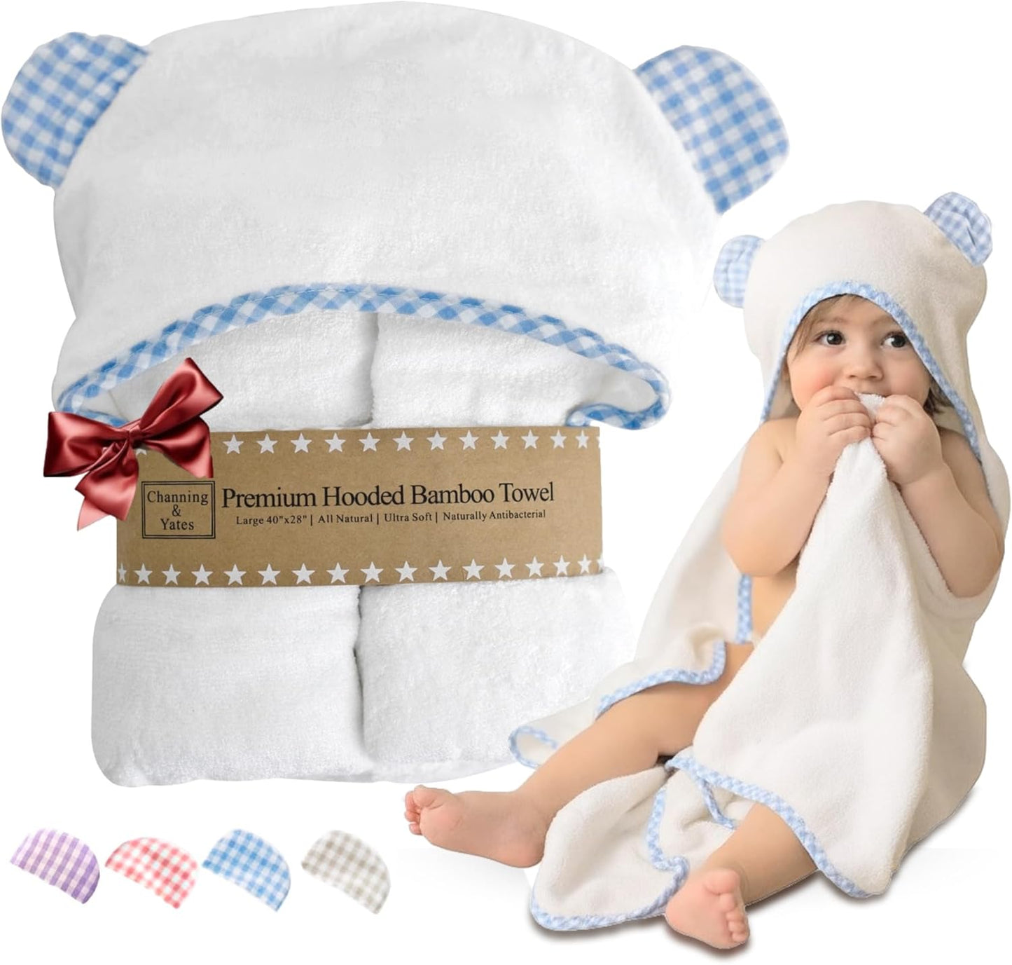 Channing & Yates Premium Boutique Organic Hooded Baby Towels and Washcloth Set - Softest Baby Towel with Hood - Baby Bath Towel for Newborn - Baby Boy Gift for Baby Shower (Blue)