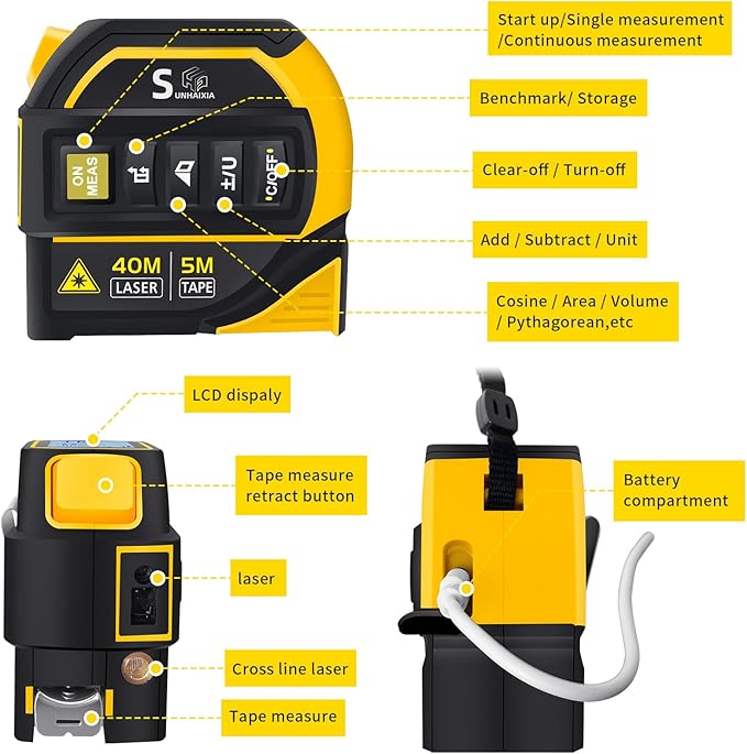 4-in-1 Laser Tape Measure with Laser Level Crosshairs |130ft/40m Laser
