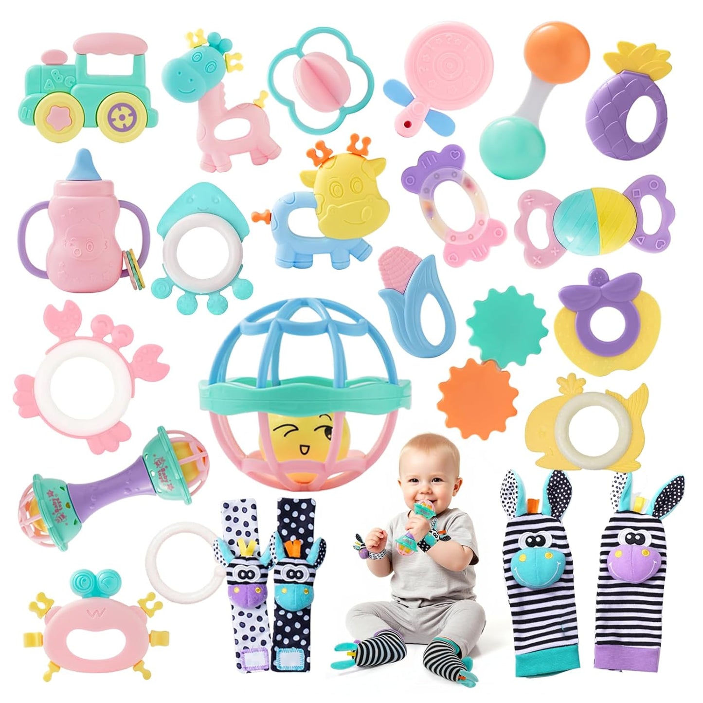 Baby Rattles 0-6 Months,Infant Sensory Teething Toys Set for 3-6 Months with Wrist Socks,Learning Developmental Toys,Perfect Baby Gift for 6-12 Months Newborn Boys Girls (Purple Rattle Set)