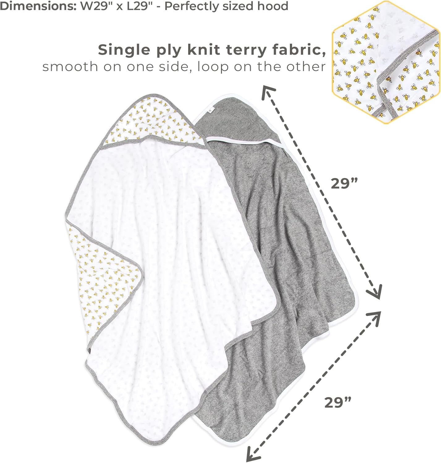Burts Bees Baby Infant Hooded Towels Honey Bee Organic Cotton, Unisex Bath Essentials and Newborn Necessities, Soft Nursery Towel with Hood Set, 2-Pack Size 29 x 29 Inch