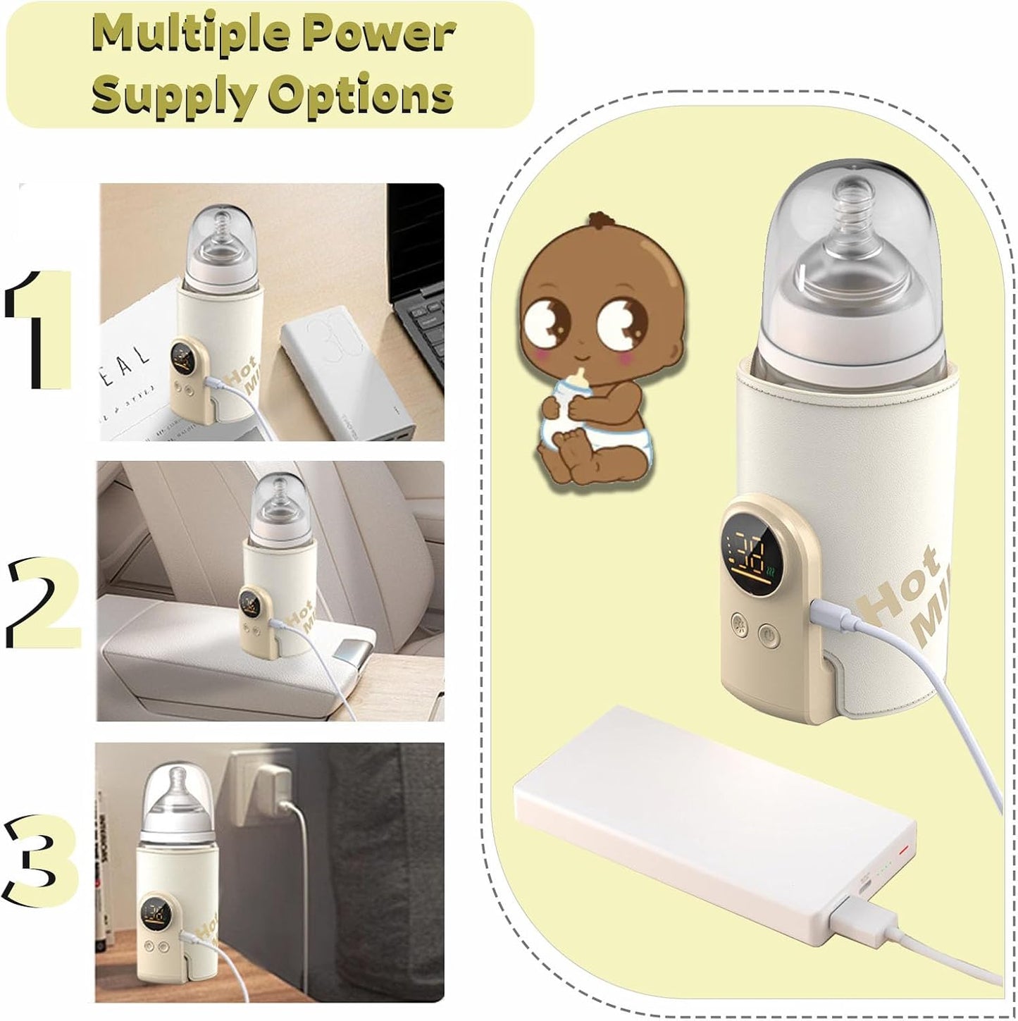 Bottle Warmer on the go,Comfortable Car Waterless Breastmilk Heater,Rechargeable Portable Milk Warmer for Travel,Fast Warming,Long-Lasting Warming up to 6-10H (6000 mAh)