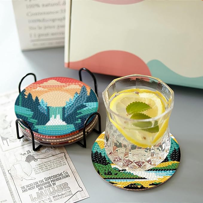 Clendo 8 Pcs Landscape Diamond Art Coasters Kit