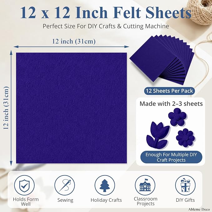 12" x 12" Felt Sheets for Crafts, 2mm Stiff Felt Fabric, Polyester Felt Squares