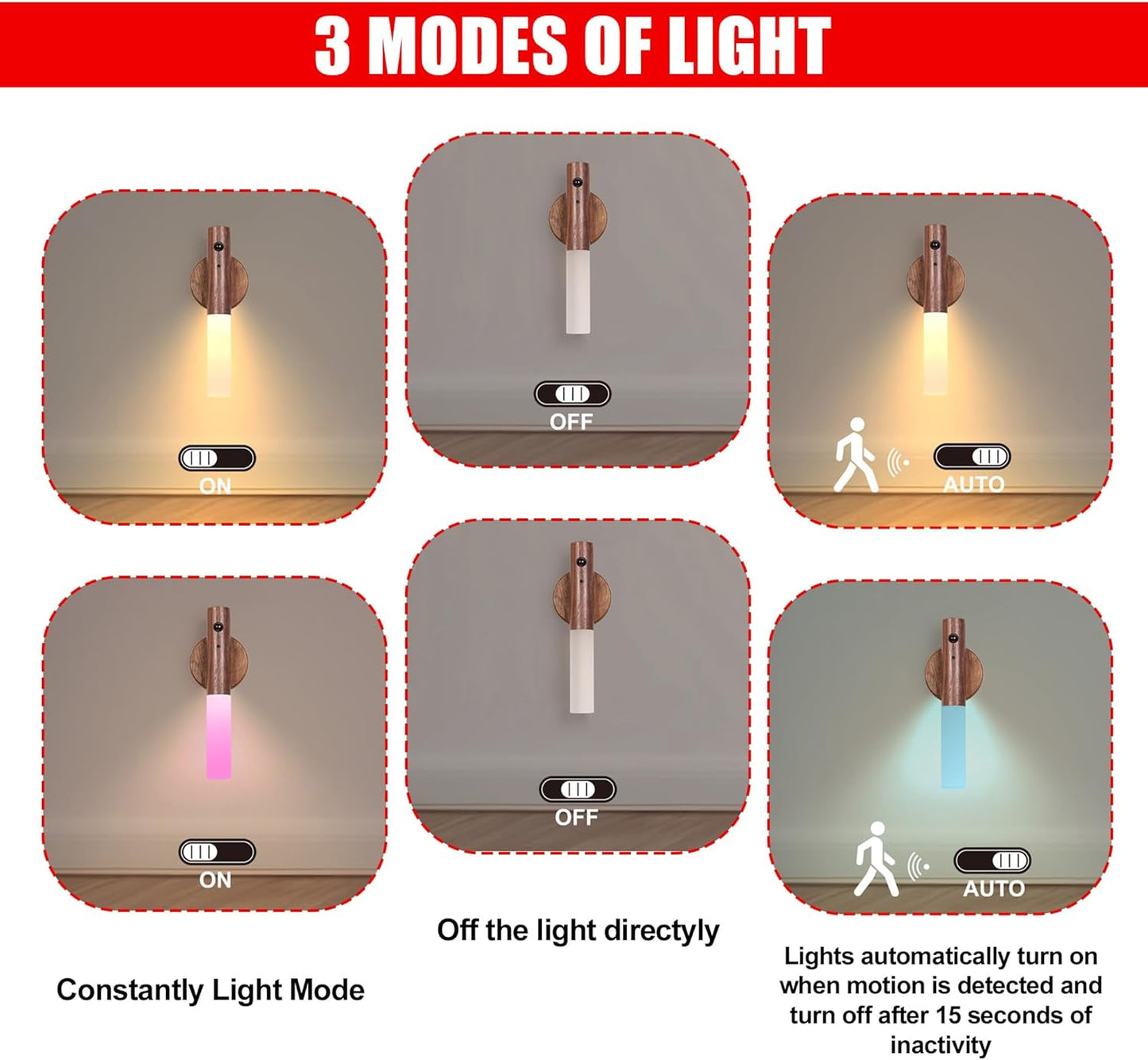 LANDGOO Rechargeable Wooden Night Light for Nursery, Motion-Activated RGB LED Baby Light for Breastfeeding, Toddler Kids Bedroom Décor